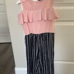 Girls Pink Ruffle Top Jumpsuit with Navy Stripe Pants
